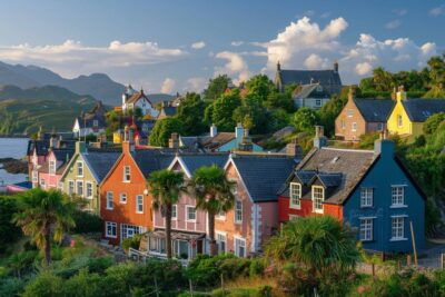 Le pittoresque village de Plockton en Écosse, avec ses palmiers et ses maisons colorées