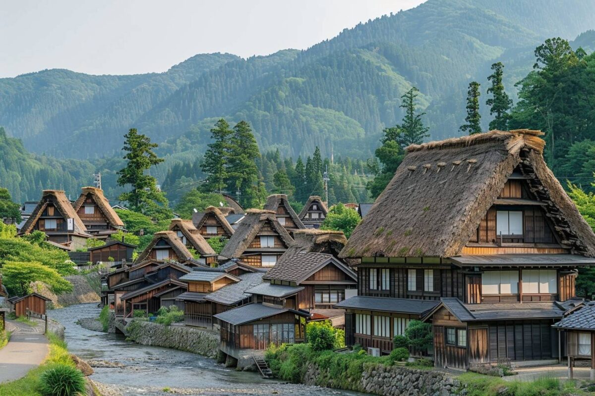 Le pittoresque village de Shirakawa-go au Japon, un village traditionnel avec des maisons en toit de chaume