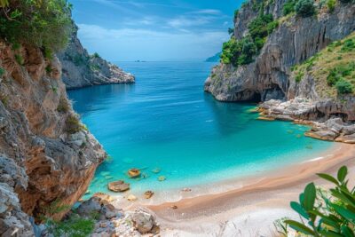 Rejoignez le joyau caché de l'Italie : explorez la plage secrète encadrée par les falaises de la côte amalfitaine